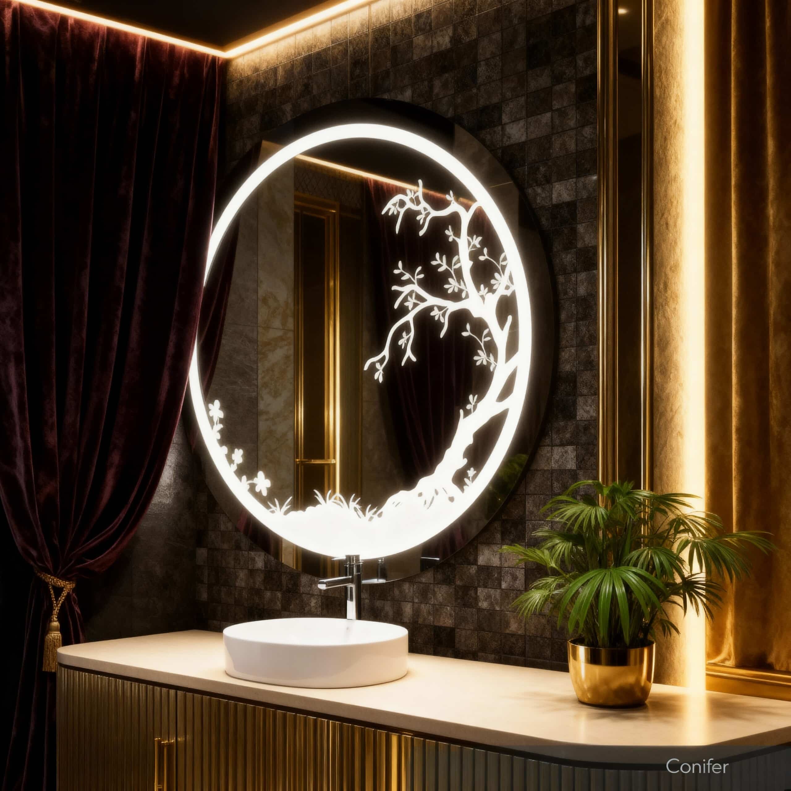 Circular LED Mirror with Artistic Tree Design and Ambient Lighting