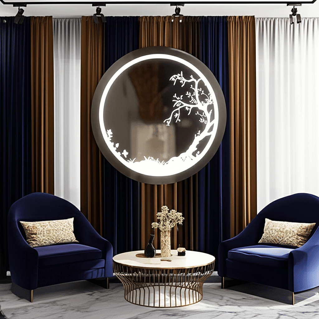 Circular LED Mirror with Artistic Tree Design and Ambient Lighting
