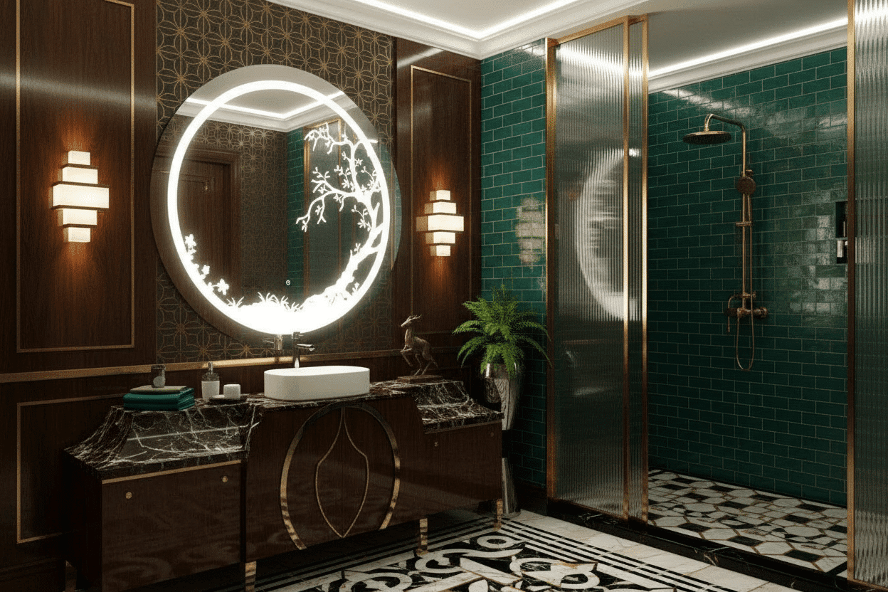 Circular LED Mirror with Artistic Tree Design and Ambient Lighting