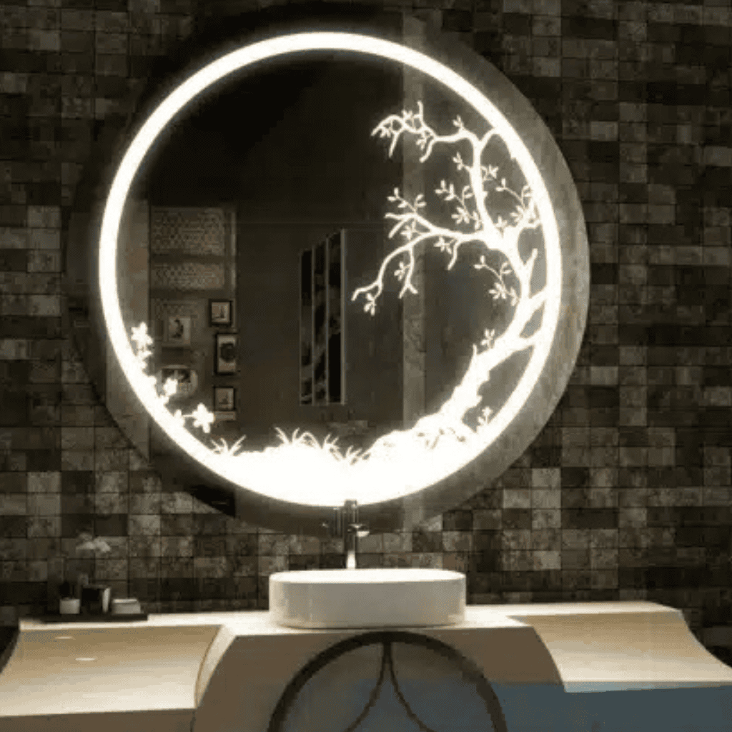 Circular LED Mirror with Artistic Tree Design and Ambient Lighting