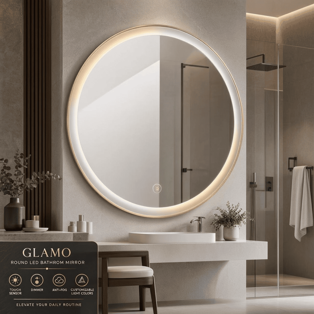 Mirror with Touch Sensor, Dimmer & Anti-Fog – Customizable Light Colors