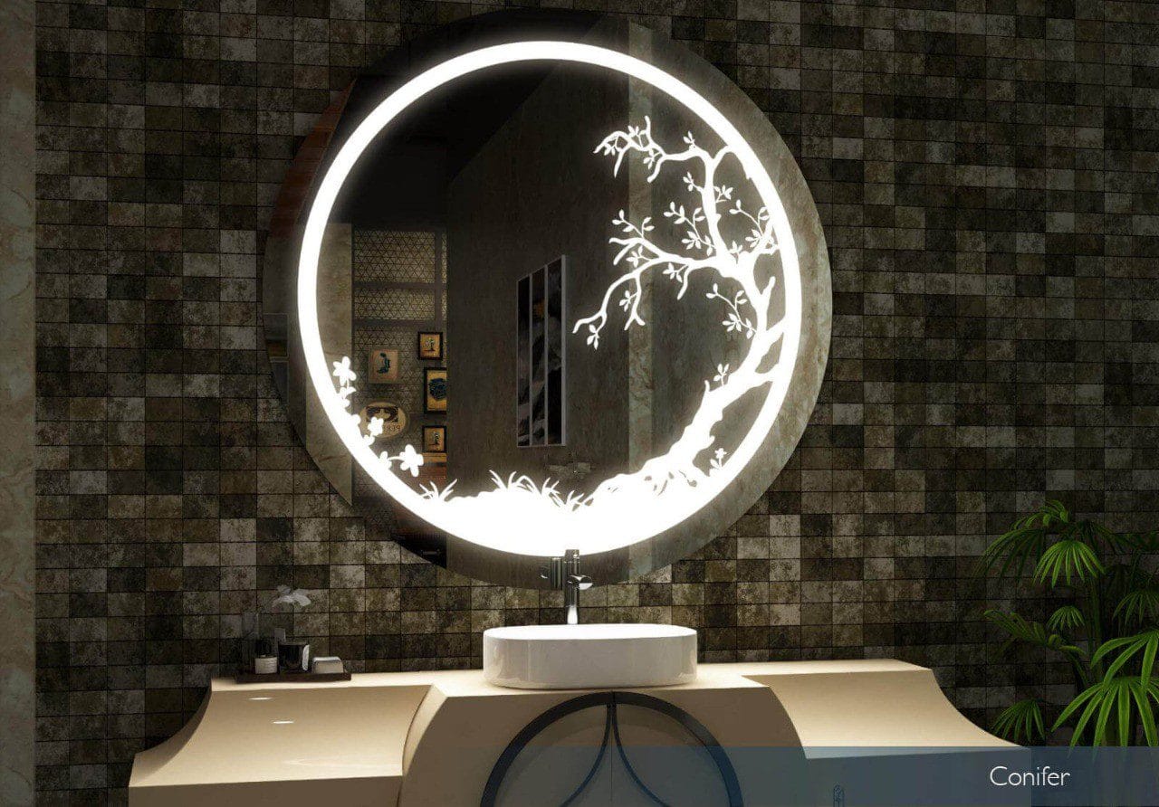 Circular LED Mirror with Artistic Tree Design and Ambient Lighting