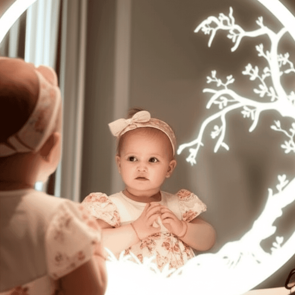 Circular LED Mirror with Artistic Tree Design and Ambient Lighting 1