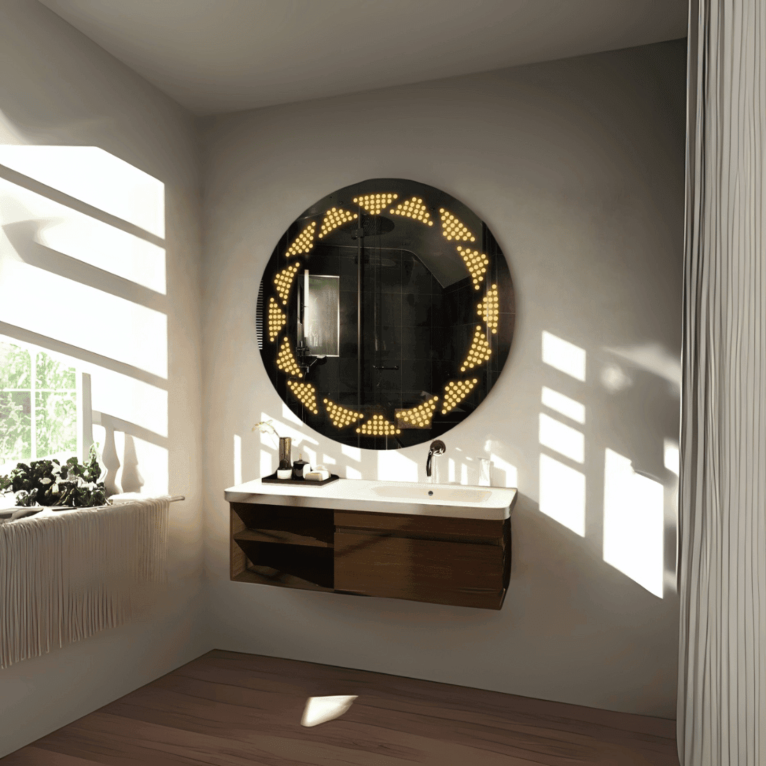 Round Chain-Link Frosted LED Mirror – Decorative Backlit Wall Mirror Round Chain-Link Frosted LED Mirror – Decorative Backlit Wall Mirror
