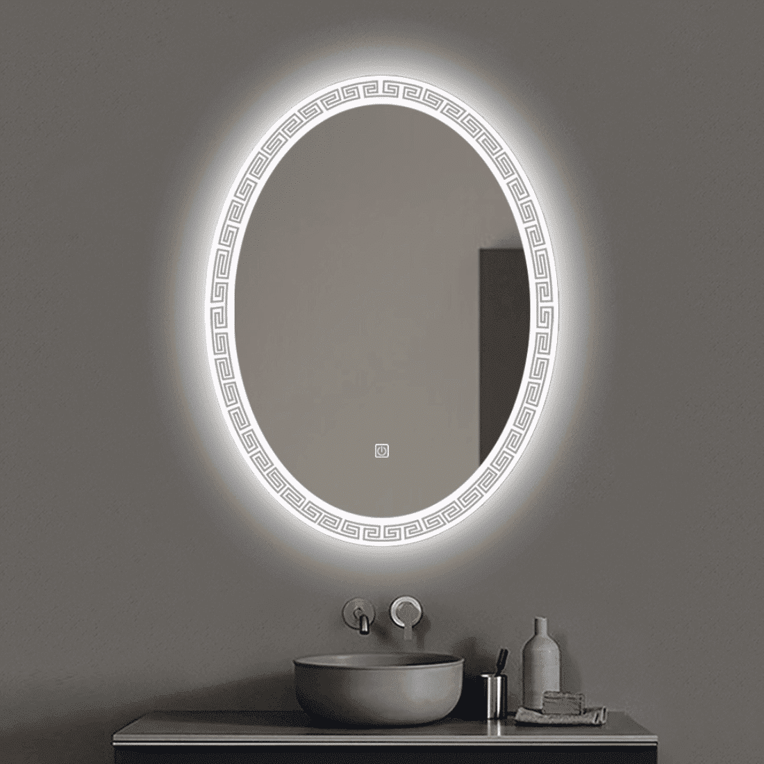 Oval LED Mirror with Greek Key Border – Touch Sensor