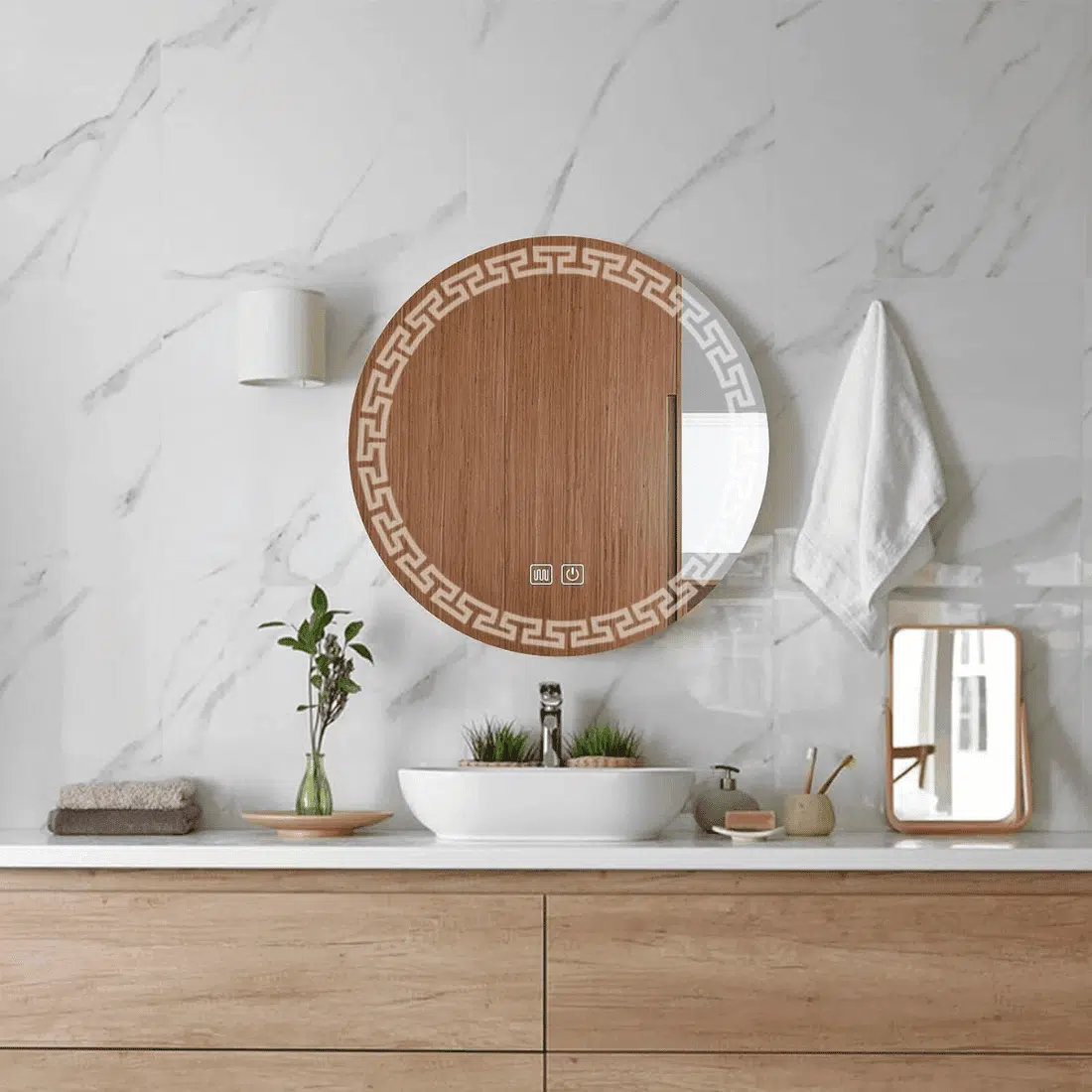 Round LED Mirror with Greek Key Frame & Digital Display