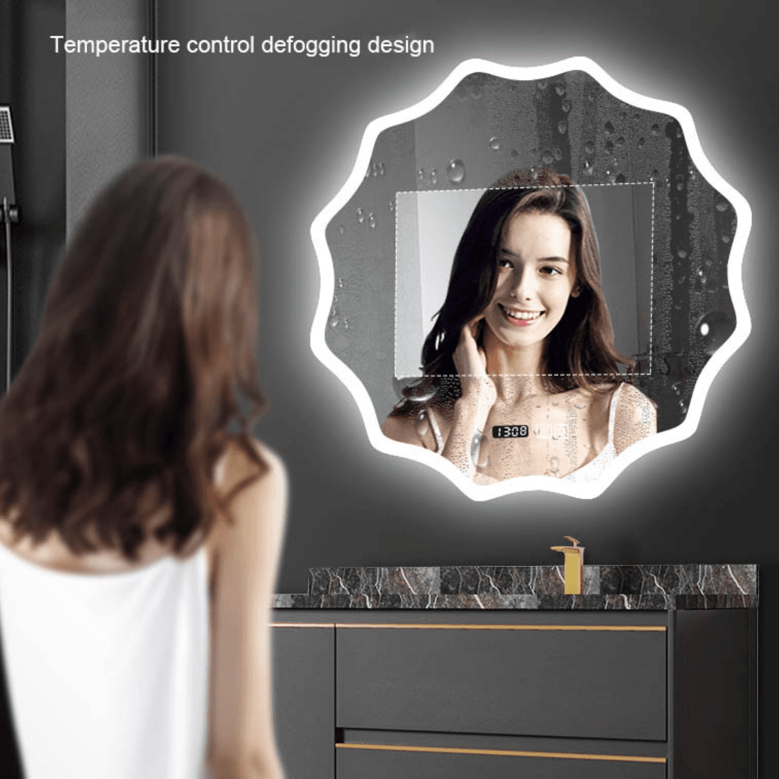 Luxury Bathroom with Designer Irregular LED Mirror & Warm Lighting