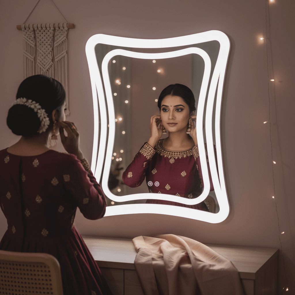 Wave Edge Frameless Frosted LED Mirror – Artistic Bathroom Wall Decor