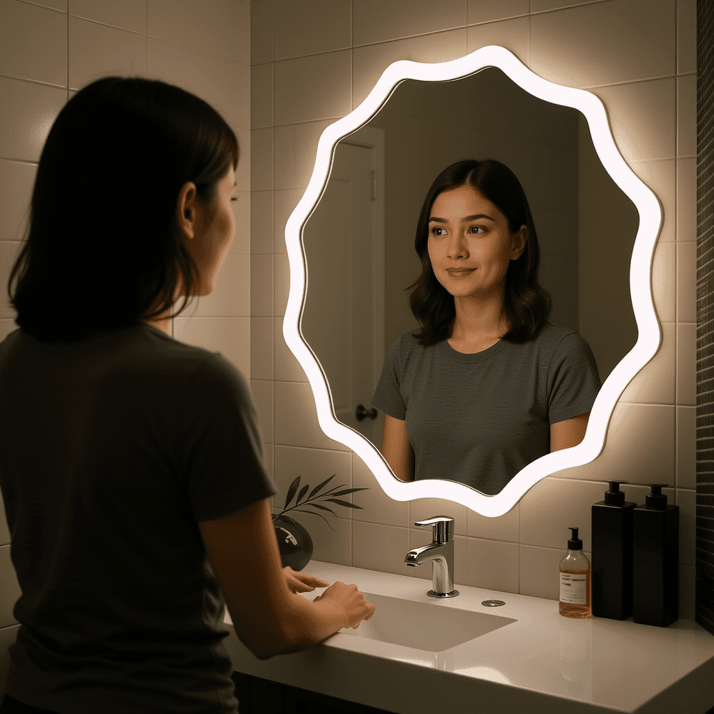 Luxury Bathroom with Designer Irregular LED Mirror & Warm Lighting