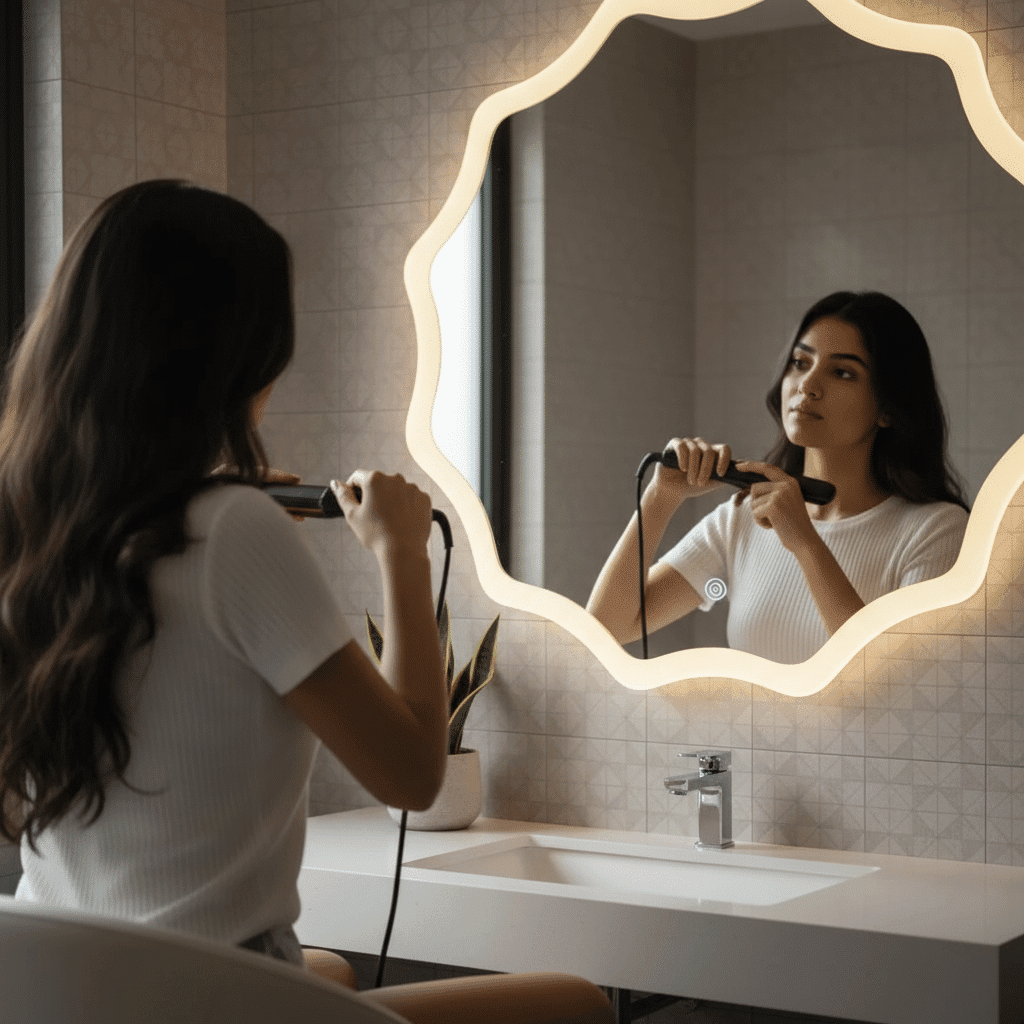 Luxury Bathroom with Designer Irregular LED Mirror & Warm Lighting