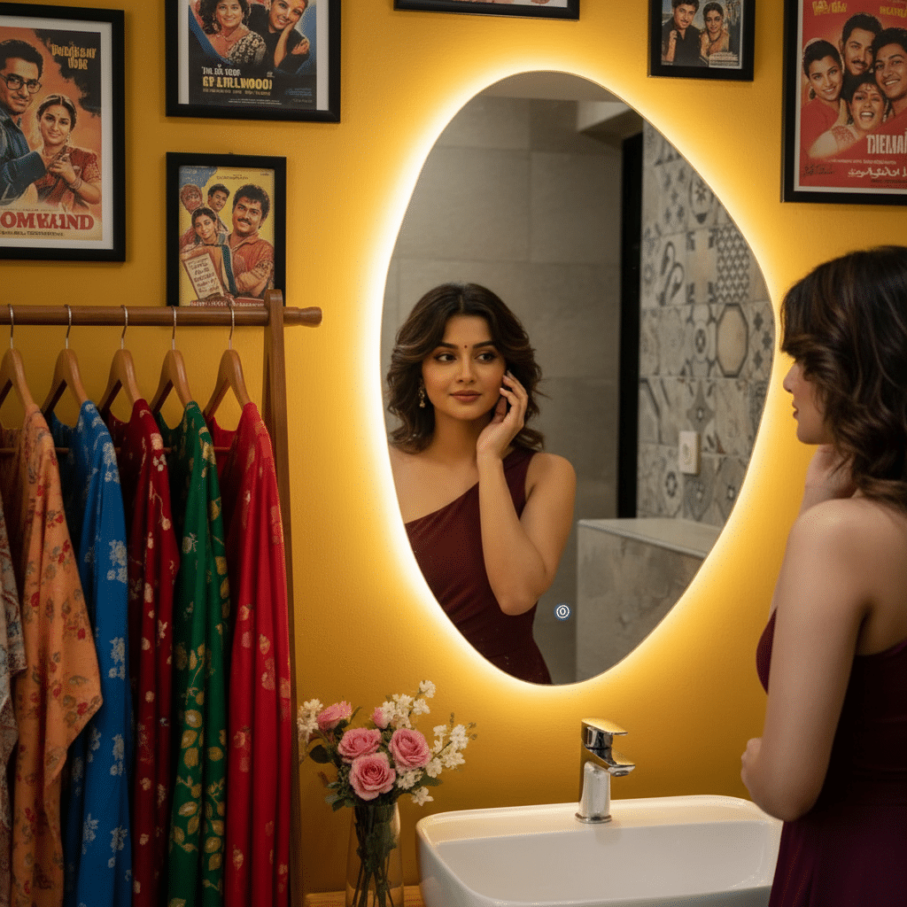 Luxury Bathroom Design with Oval LED Mirror & Warm Ambient Lighting