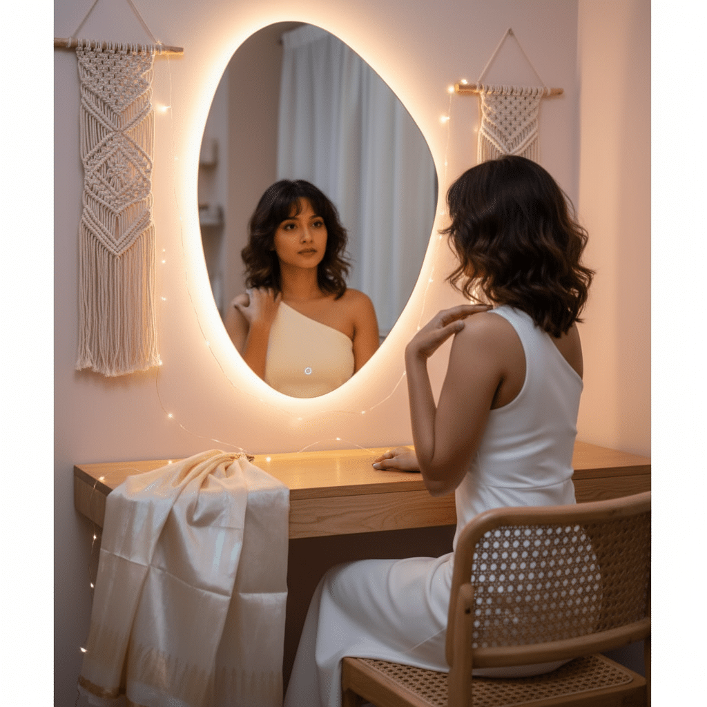 Luxury Bathroom Design with Oval LED Mirror & Warm Ambient Lighting