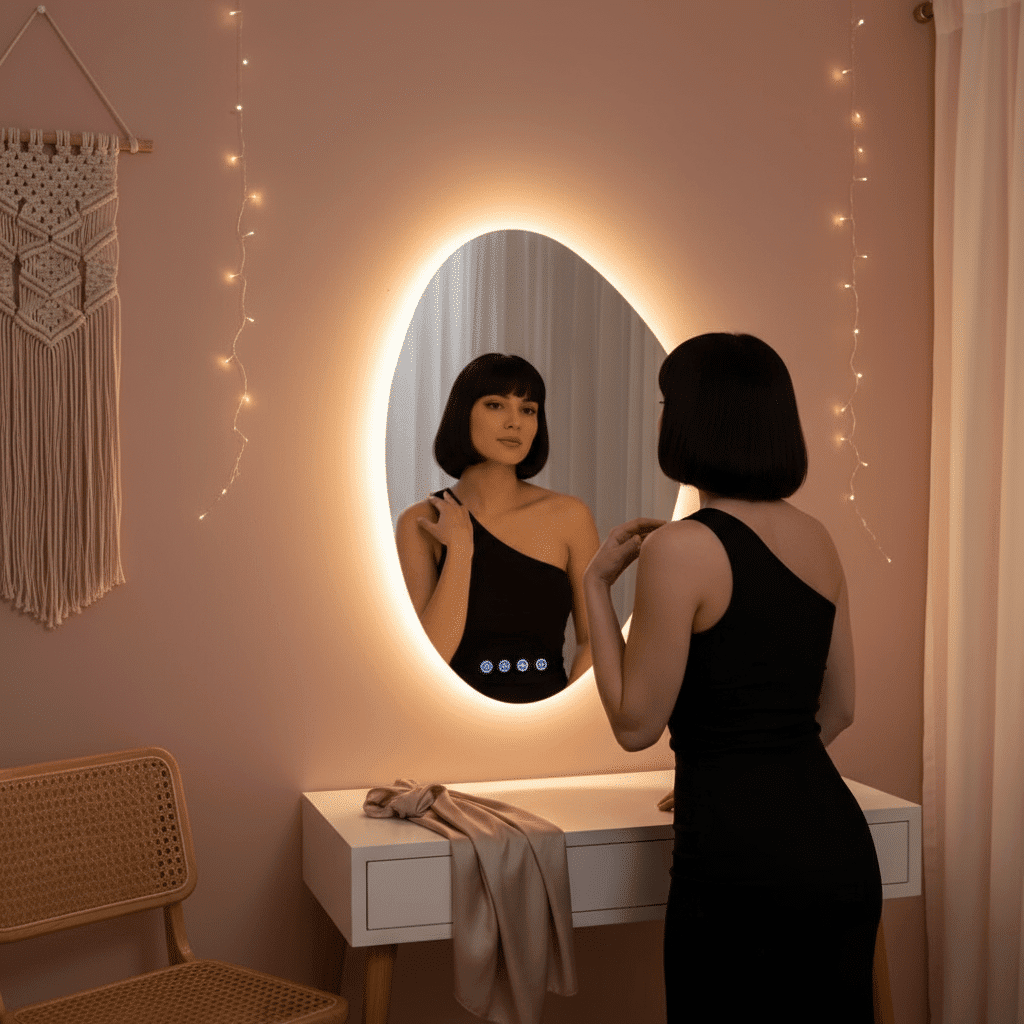 Luxury Bathroom Design with Oval LED Mirror & Warm Ambient Lighting