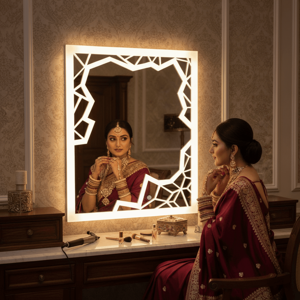 Crystal Cut Frosted LED Mirror – Geometric Border Design 3