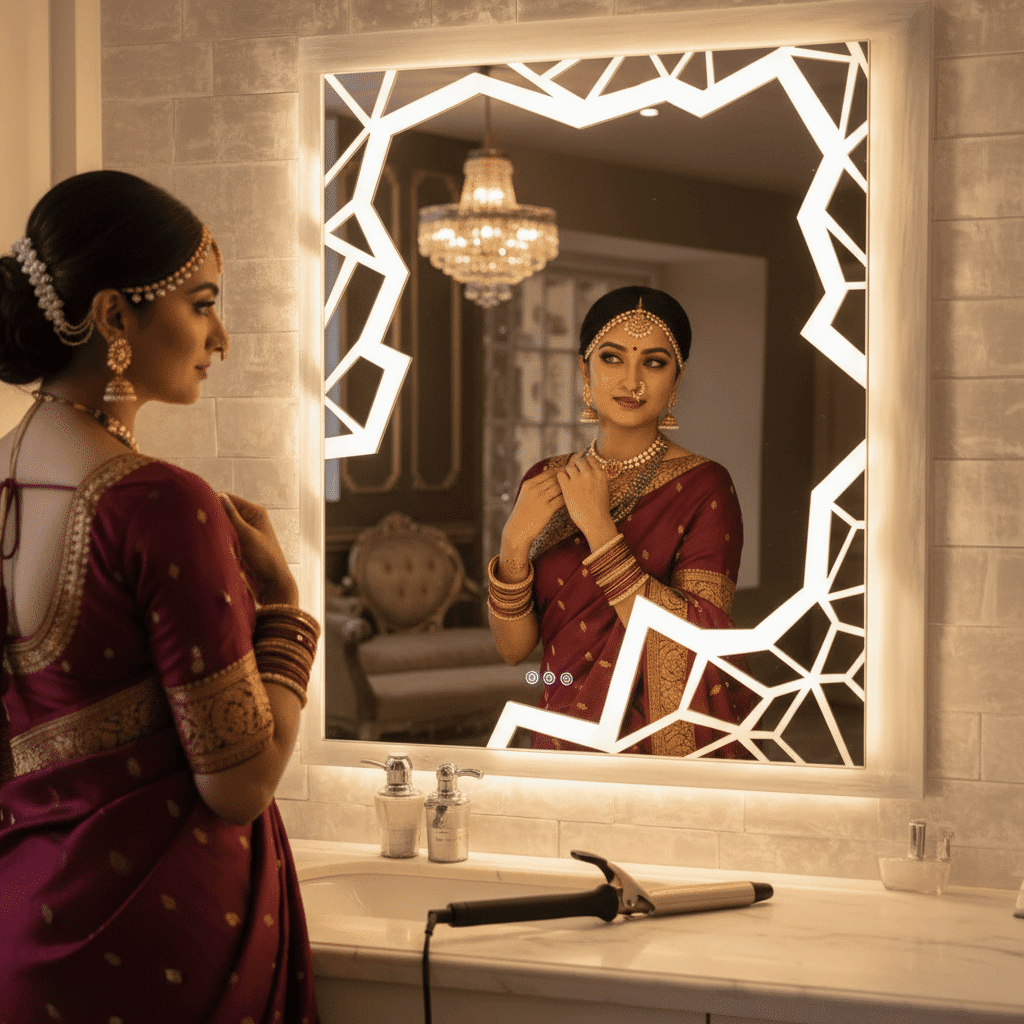 Crystal Cut Frosted LED Mirror – Geometric Border Design