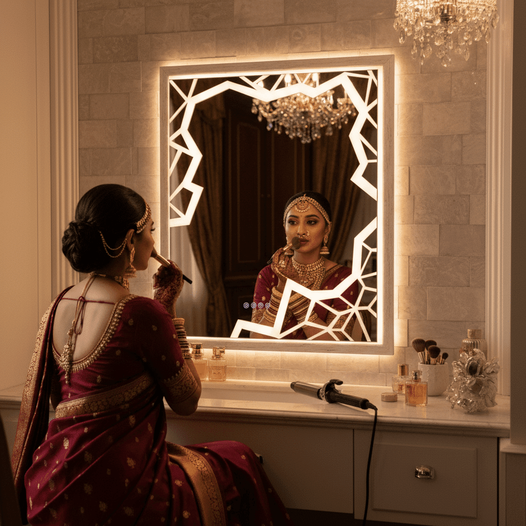 Crystal Cut Frosted LED Mirror – Geometric Border Design