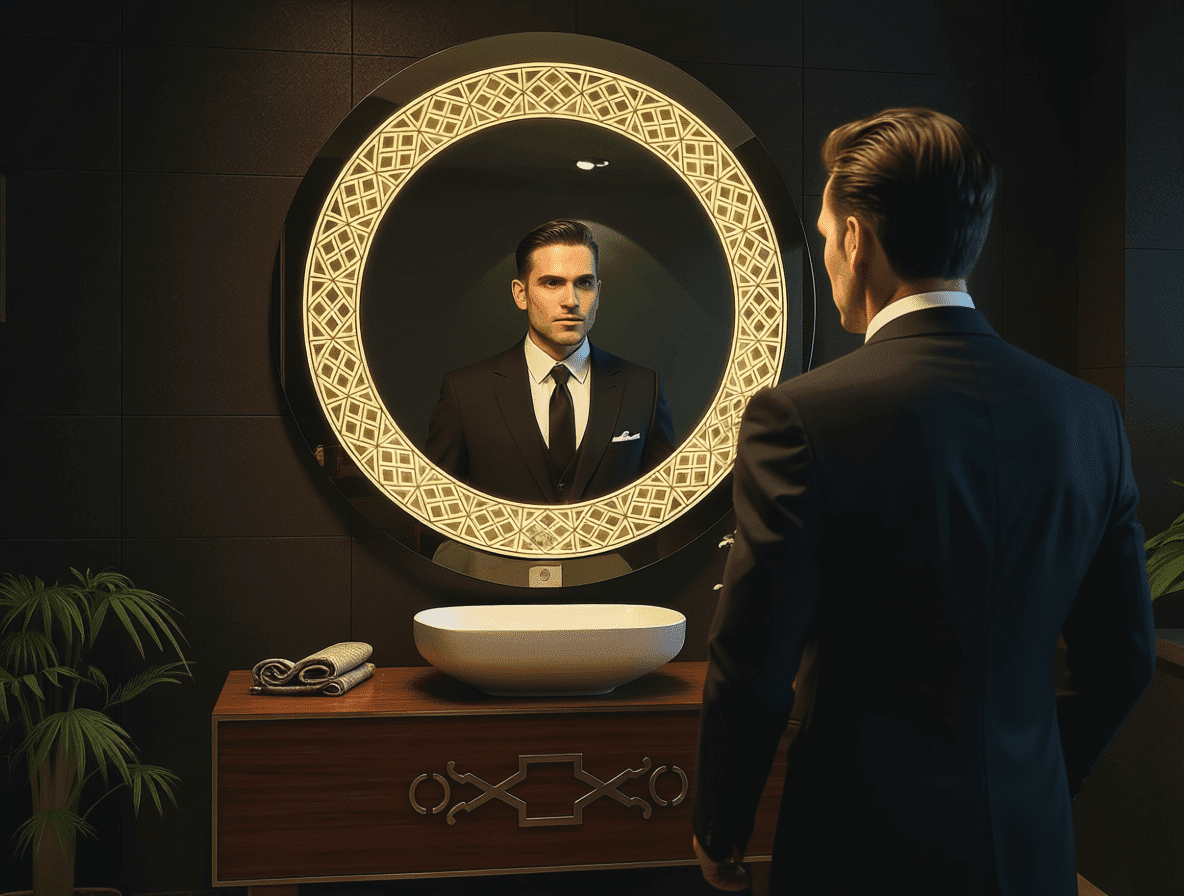 Decorative Round LED Mirror with Warm Backlit Pattern