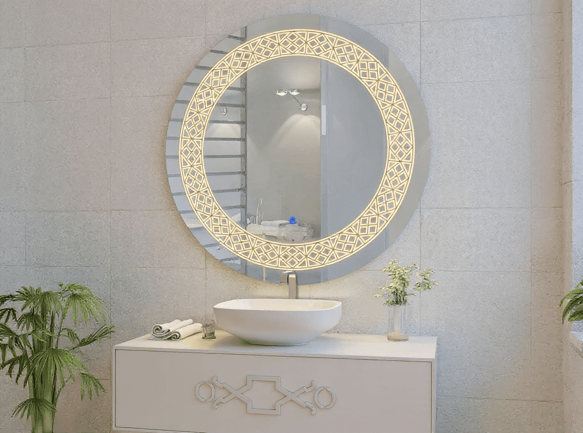 Decorative Round LED Mirror with Warm Backlit Pattern