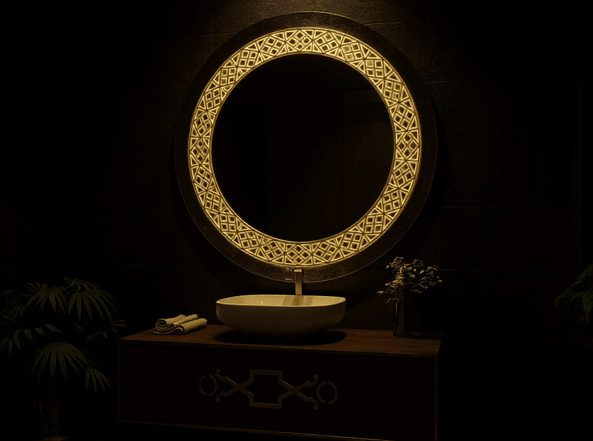 Decorative Round LED Mirror with Warm Backlit Pattern