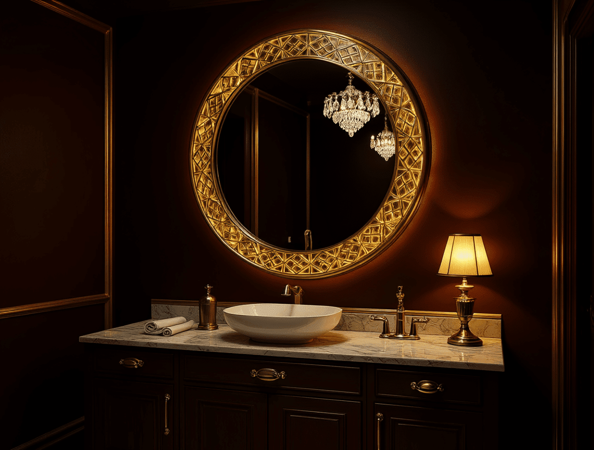 Decorative Round LED Mirror with Warm Backlit Pattern