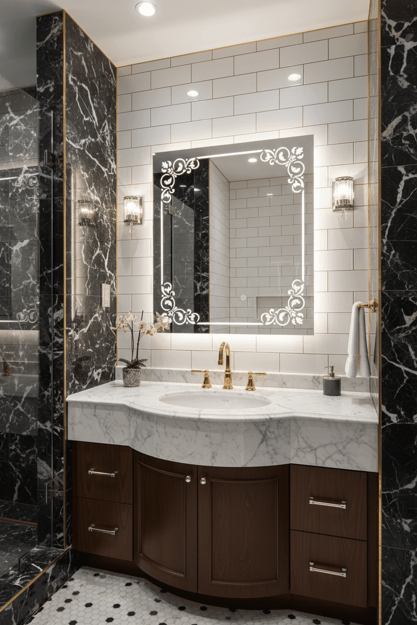 Floral Border LED Bathroom Mirror with Elegant Frame Design