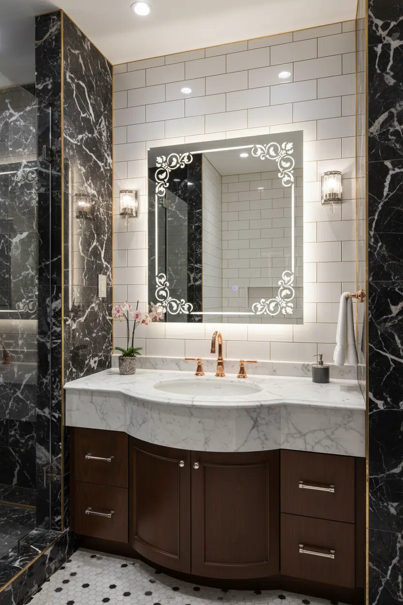 Floral Border LED Bathroom Mirror with Elegant Frame Design