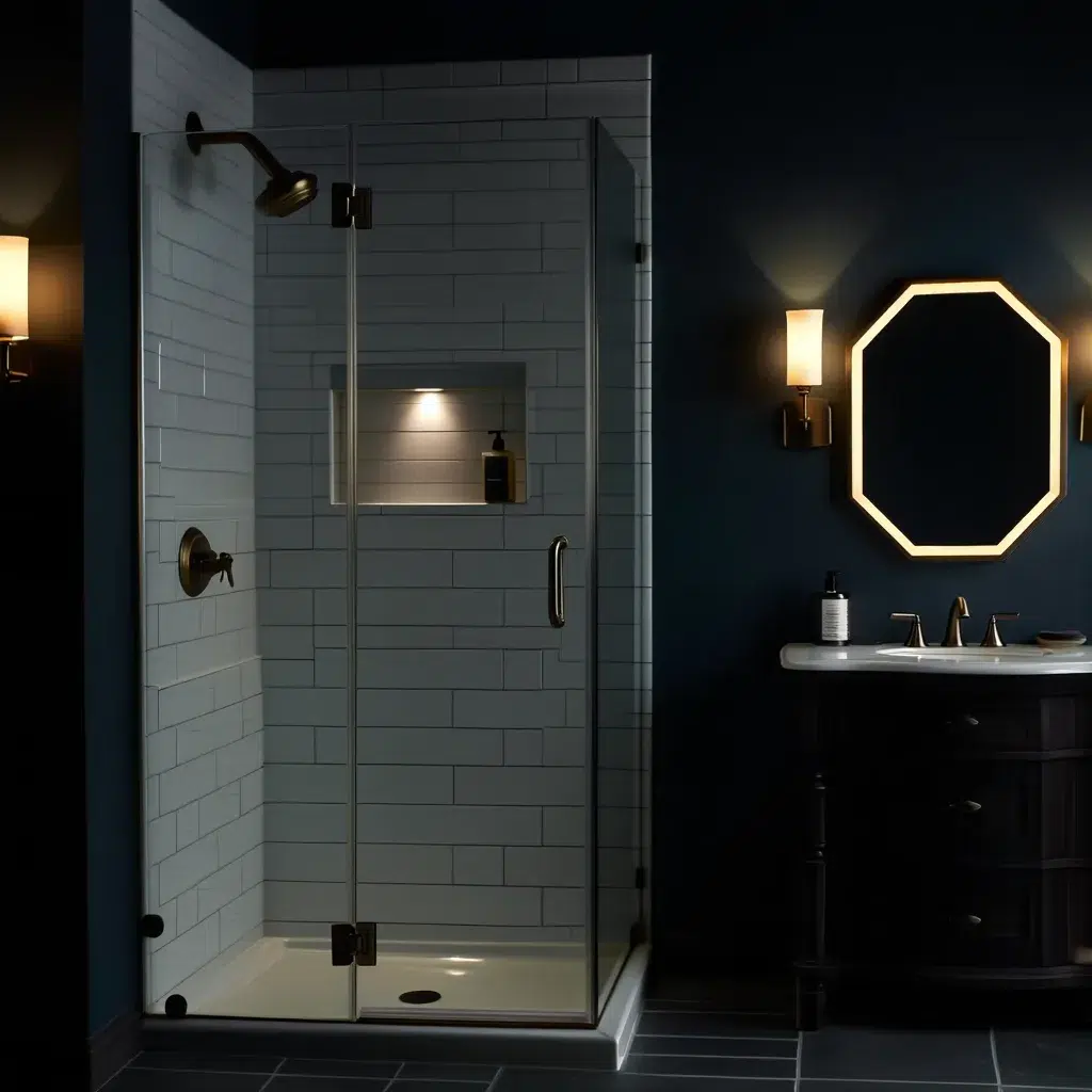 Modern Bathroom with Geometric LED Mirror & Warm Ambient Lighting