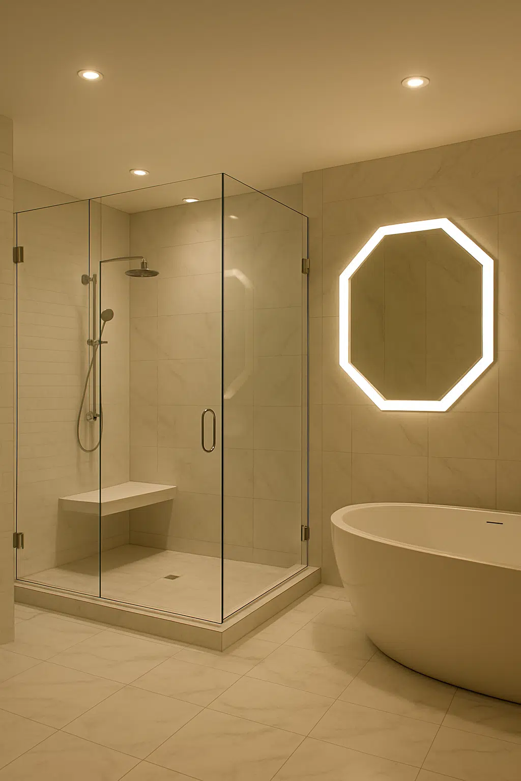 Modern Bathroom with Geometric LED Mirror & Warm Ambient Lighting