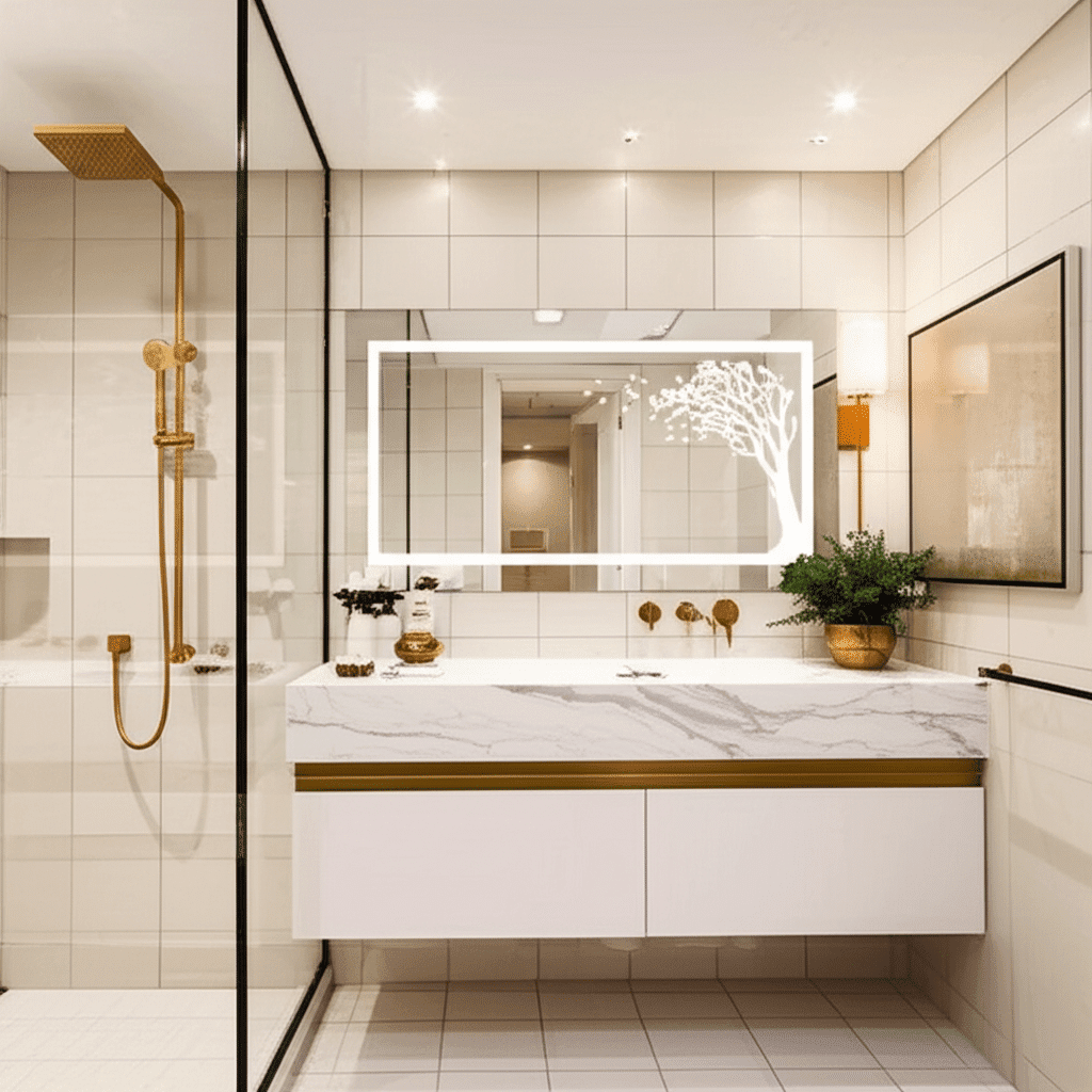 Luxury LED Wall Mirror with Tree Etching Light Design
