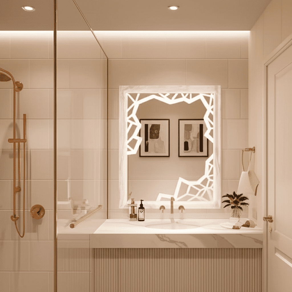 Crystal Cut Frosted LED Mirror – Geometric Border Design