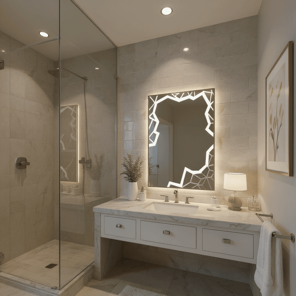 Crystal Cut Frosted LED Mirror – Geometric Border Design