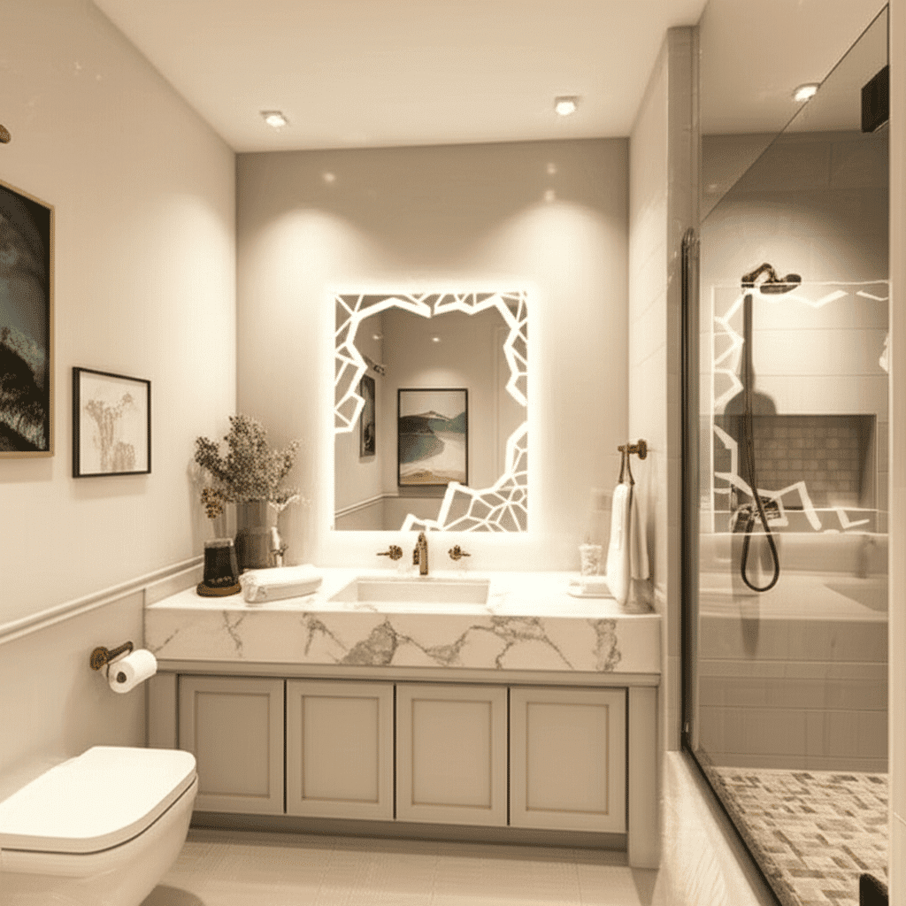 Crystal Cut Frosted LED Mirror – Geometric Border Design