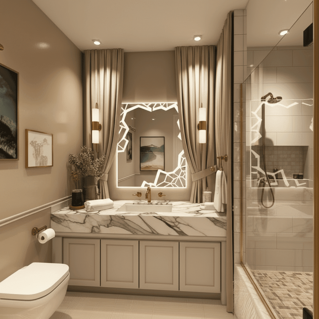 Crystal Cut Frosted LED Mirror – Geometric Border Design