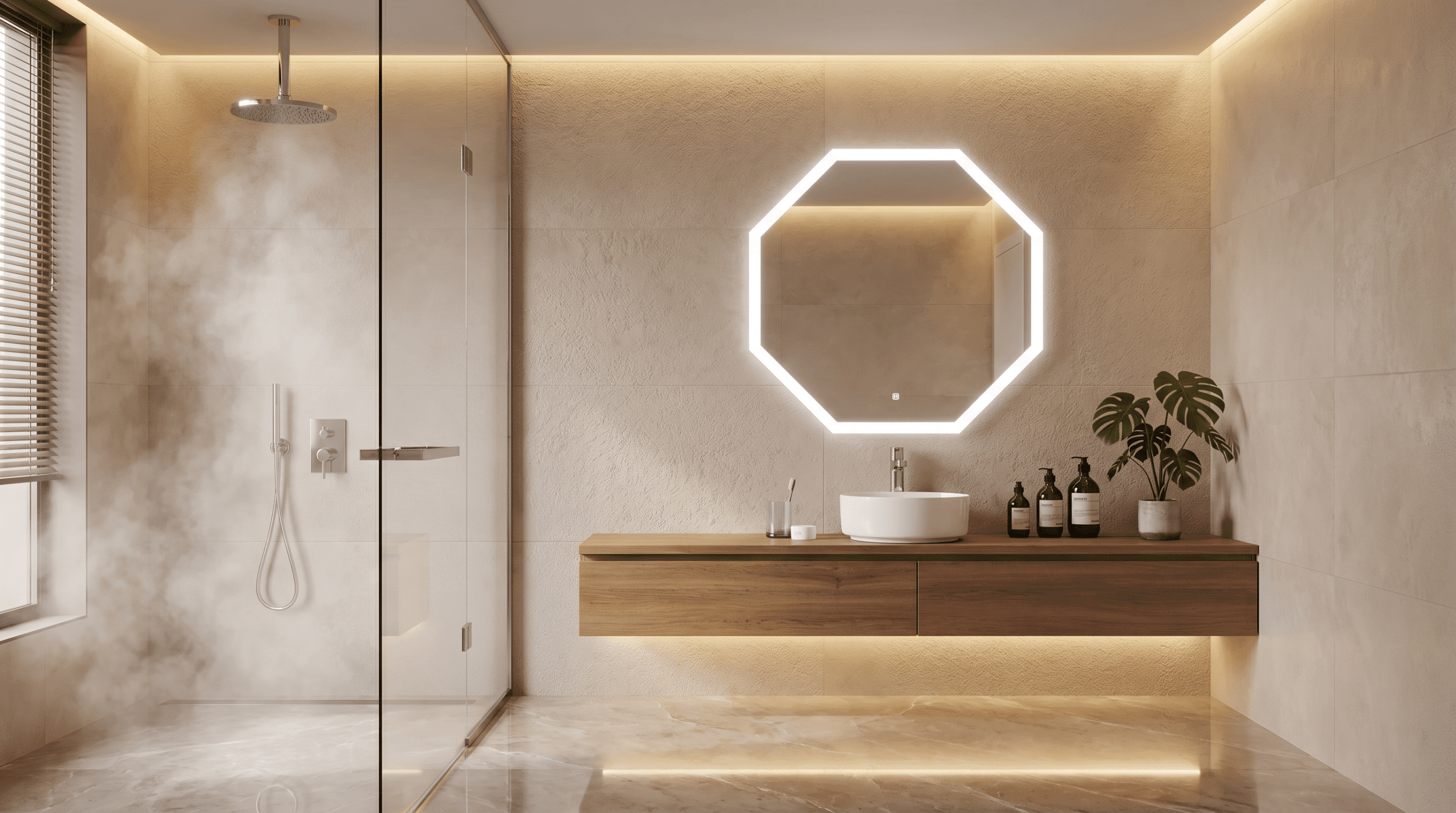 Modern Bathroom with Geometric LED Mirror & Warm Ambient Lighting