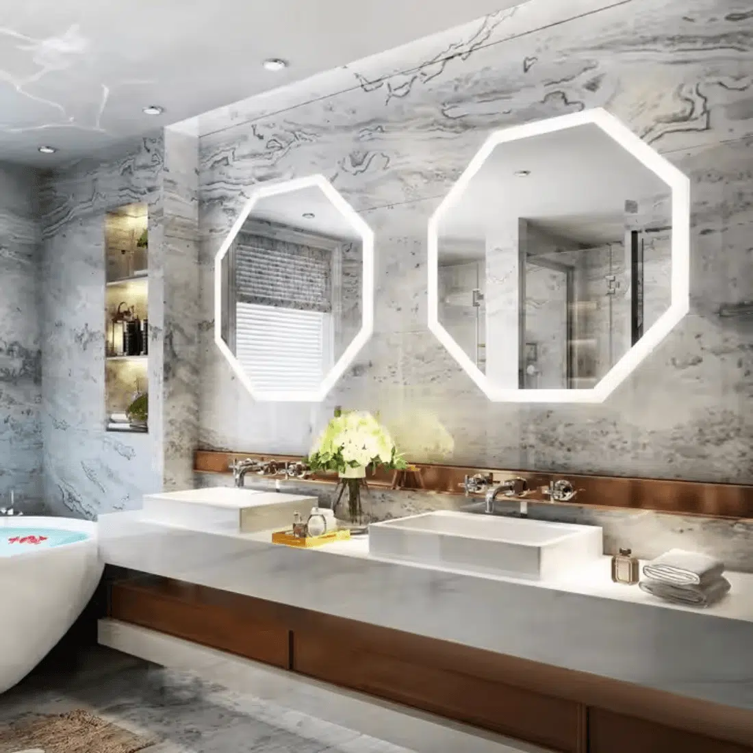 Modern Bathroom with Geometric LED Mirror & Warm Ambient Lighting