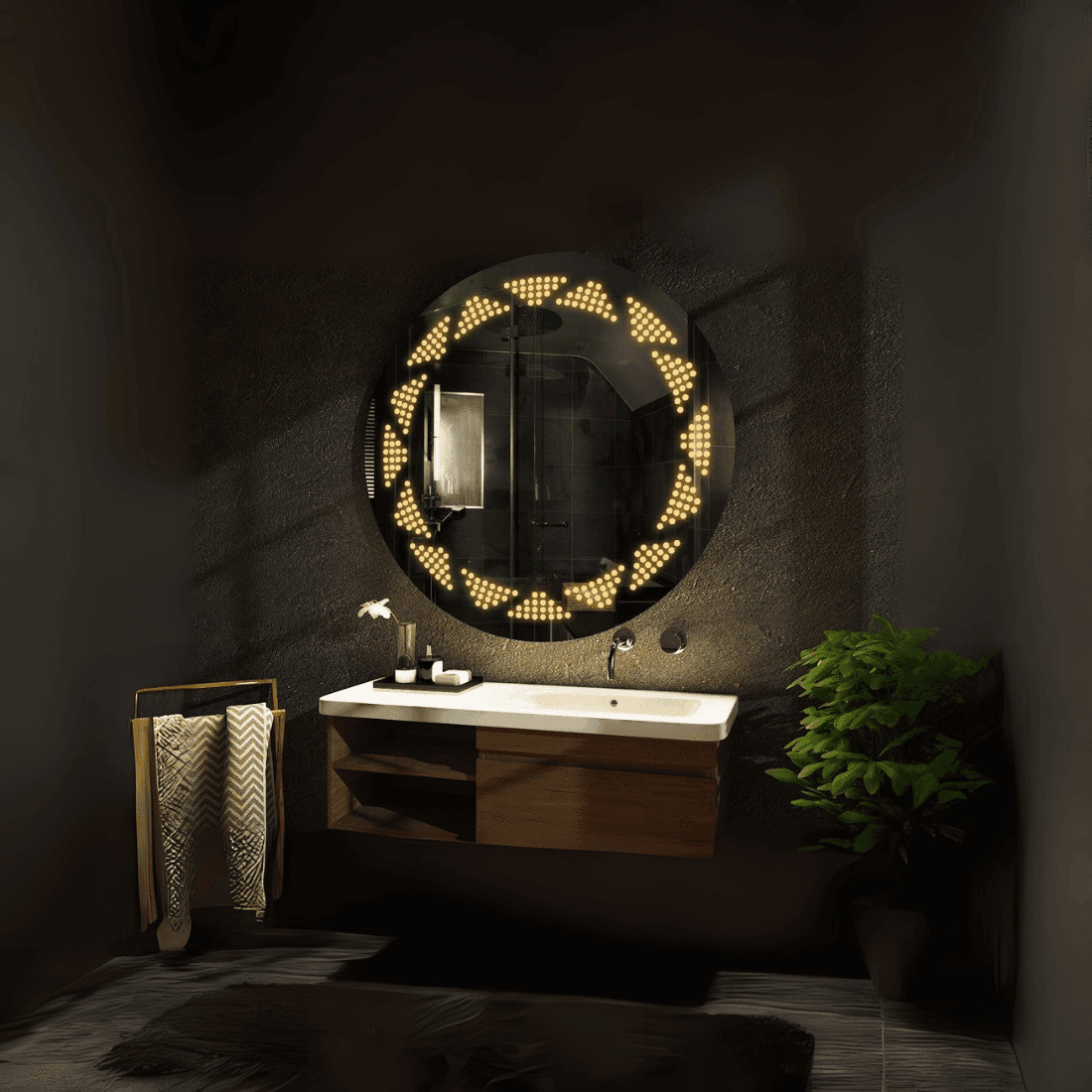 Round Chain-Link Frosted LED Mirror – Decorative Backlit Wall Mirror Round Chain-Link Frosted LED Mirror – Decorative Backlit Wall Mirror
