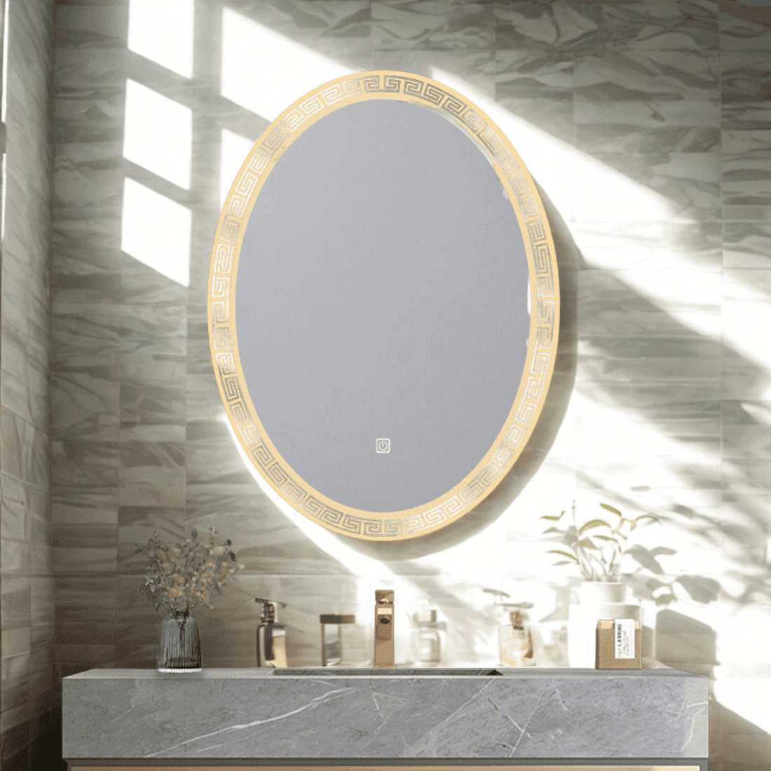 Oval LED Mirror with Greek Key Border – Touch Sensor