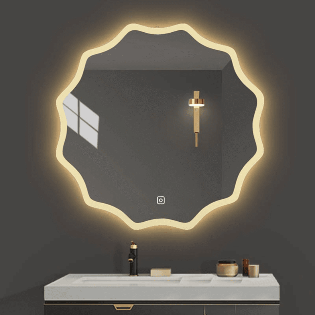 Luxury Bathroom with Designer Irregular LED Mirror & Warm Lighting