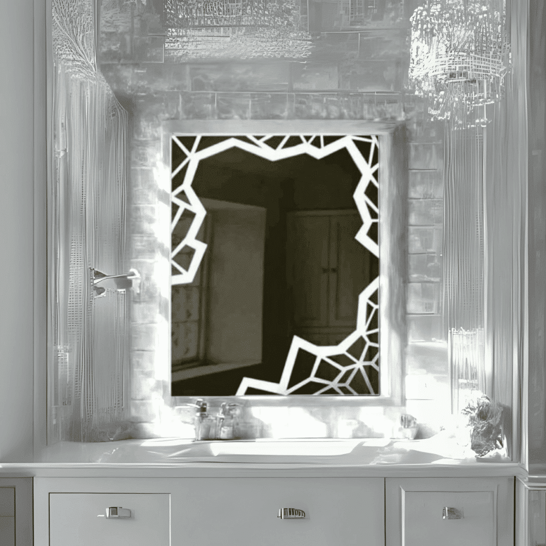 Crystal Cut Frosted LED Mirror – Geometric Border Design
