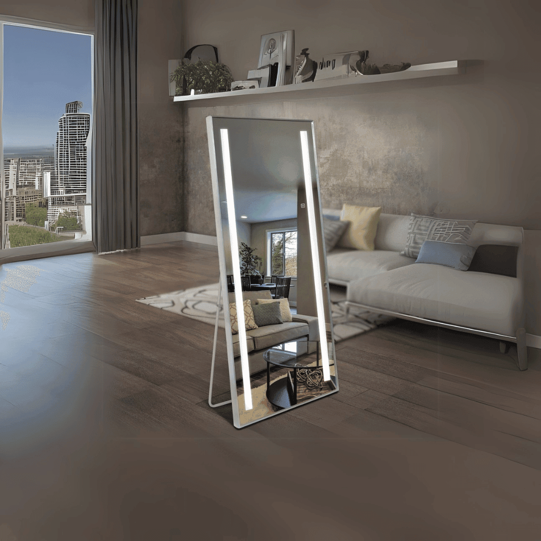 Modern LED Bathroom Mirror with Backlit Frame – Vertical Design Modern LED Bathroom Mirror with Backlit Frame – Vertical Design