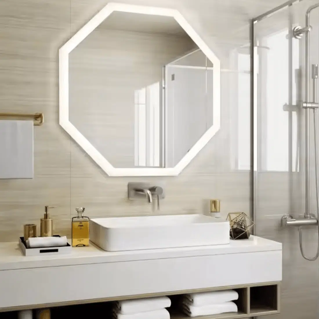 Modern Bathroom with Geometric LED Mirror & Warm Ambient Lighting