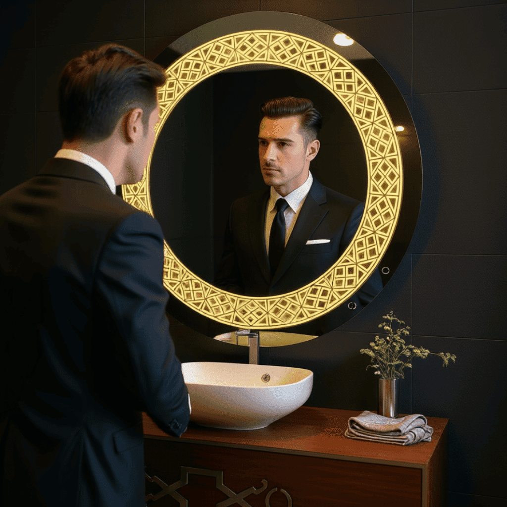 Decorative Round LED Mirror with Warm Backlit Pattern 1