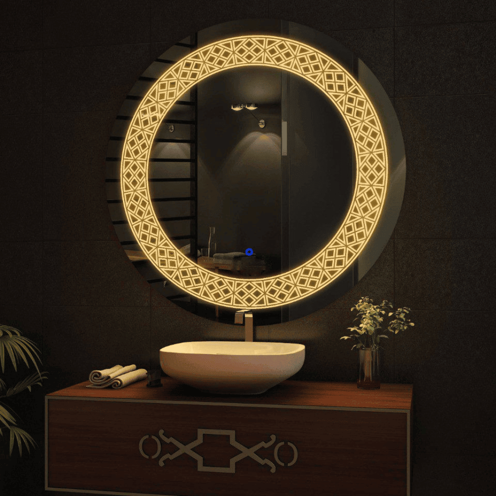 Decorative Round LED Mirror with Warm Backlit Pattern