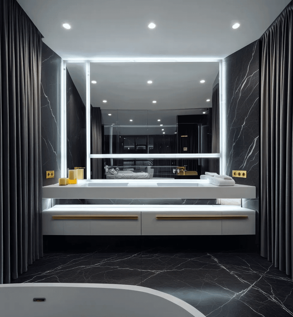 Luxury Marble Bathroom with Full-Length LED Mirror Wall