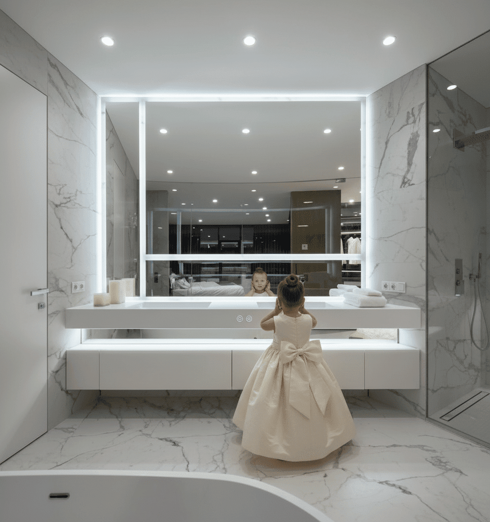 Luxury Marble Bathroom with Full-Length LED Mirror Wall