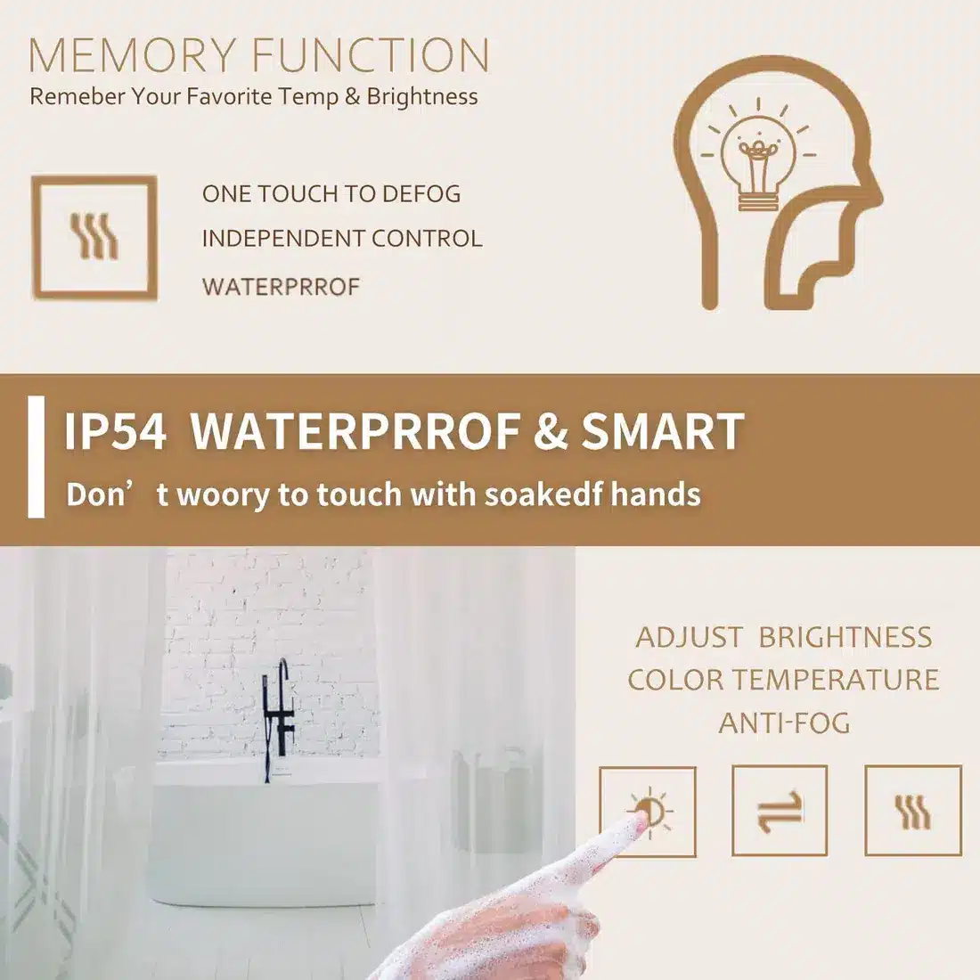 Led Lighted Bathroom Mirror Dimming Bathroom Vanity Mirror Touch Switch, Memory Function, Defogger.