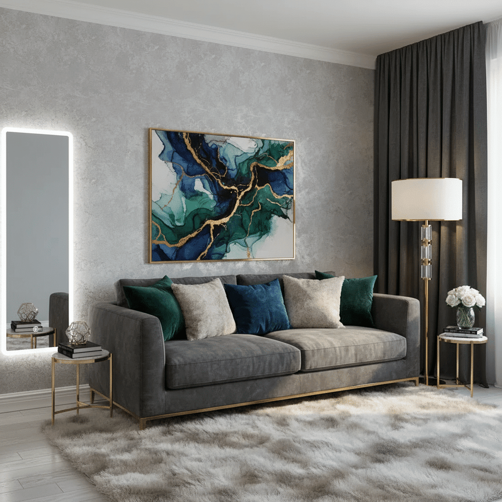 Luxury Bedroom Interior with Classic LED Mirror & Gold Accent Vanity
