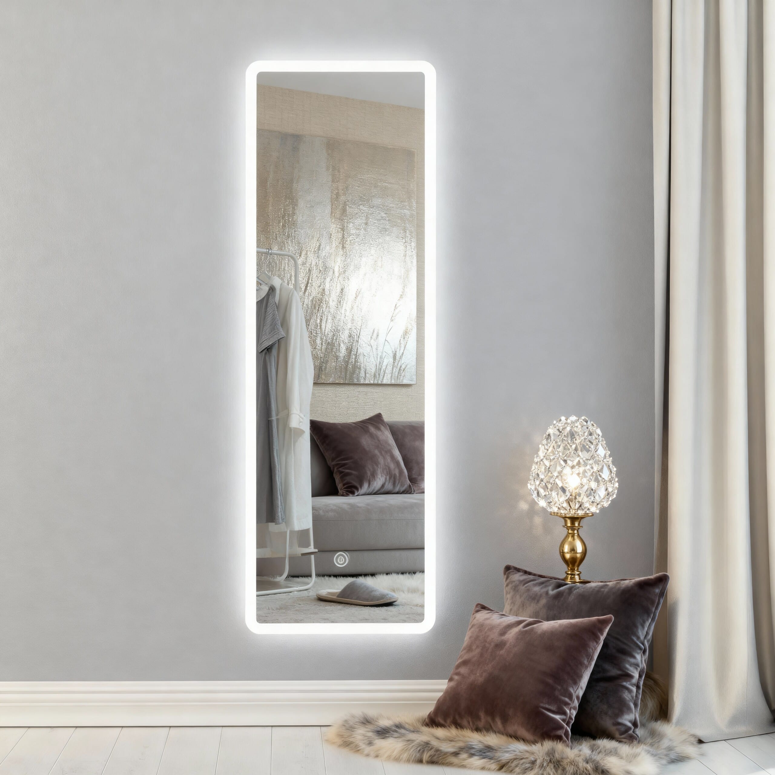 Luxury Bedroom Interior with Classic LED Mirror & Gold Accent Vanity