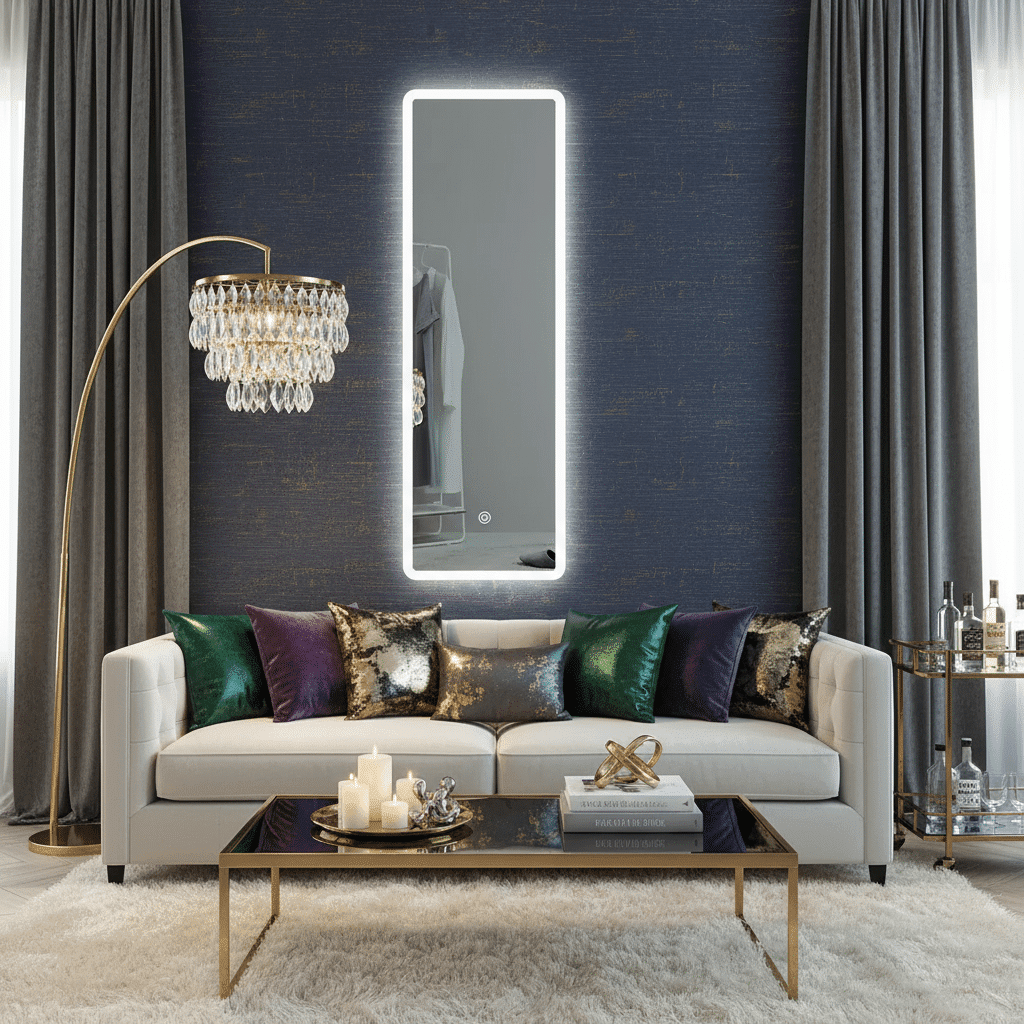 Luxury Bedroom Interior with Classic LED Mirror & Gold Accent Vanity