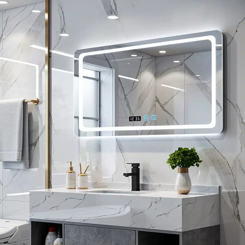 Modern Rectangular LED Bathroom Mirror with Digital Clock Display